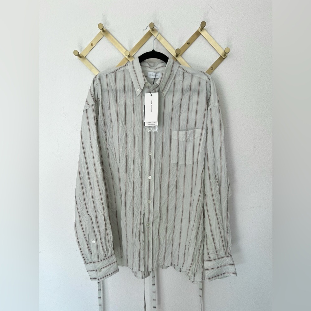 nwt JOHN ELLIOTT Men's Crinkled Tie Shirt in Manhasset Stripe Size Large - Picture 9 of 12